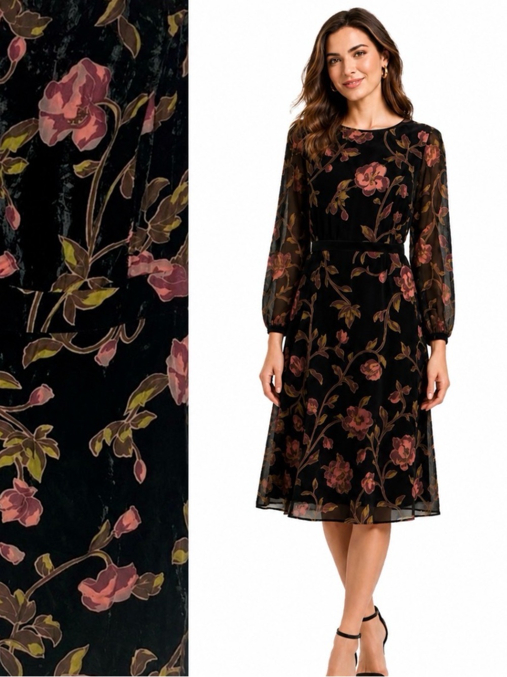 Romeo + Juliet Couture, Velvet Burnout sheer sleeves Floral Midi Dress, Size 14